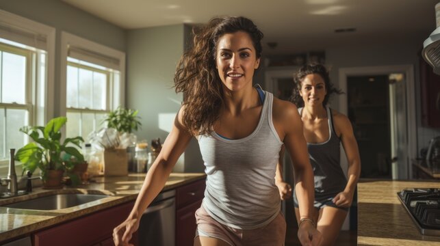 Hispanic young women helping each other while exercising at home