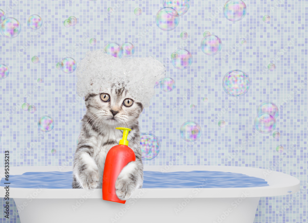 Aufkleber cute kitten covered with soap bubbles takes the bath and holds bottle of shampoo in bathroom at home