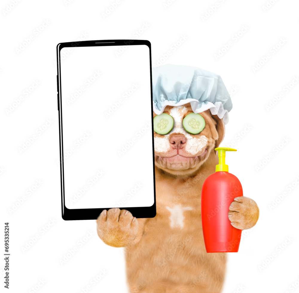 Poster mastiff puppy wearing shower cap with pieces of cucumber on it eyes and with cream on it face holds 