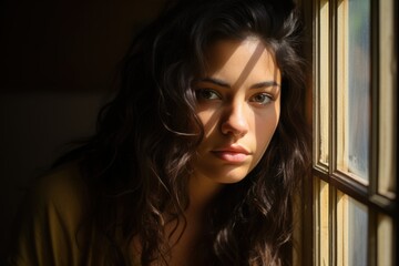 Fototapeta premium Lockdown Hispanic young woman looking through window
