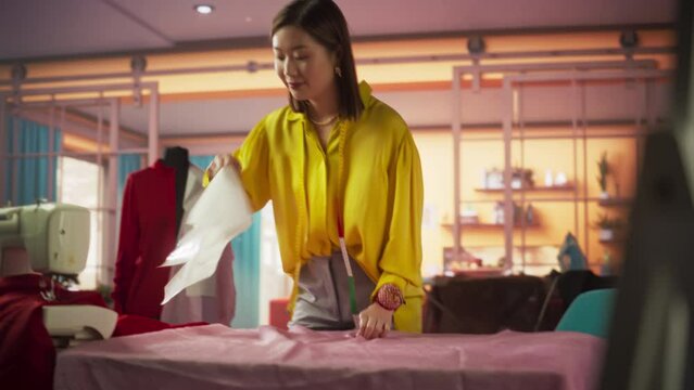 Portrait of Creative Asian Woman Using Flowing Pink Fabric To Sue a Jacket. Female Fashion Designer Student Working Happily on her Project, Practicing her Dream Job at Home