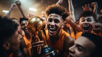 Basketball players of many nationalities celebrate victories by hugging, jumping and holding trophies. - obrazy, fototapety, plakaty