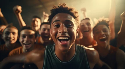 Photo sur Plexiglas Kiev Basketball players of many nationalities celebrate victories by hugging, jumping and holding trophies.