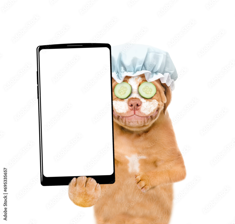 Aufkleber Mastiff puppy wearing shower cap with pieces of cucumber on it eyes and with cream on it face holds  big smartphone with white blank screen in it paw. isolated on white background