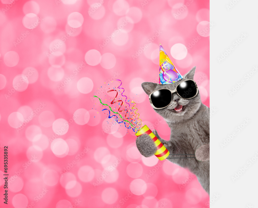 Aufkleber Happy cat wearing party cap holds exploding firecracker and looks from behind empty white banner. festive blured background