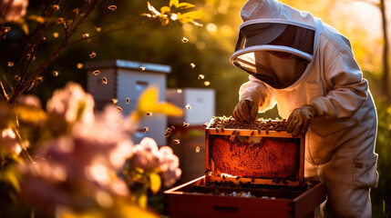 A beekeeper checks the hives at the apiary. Selective focus. - obrazy, fototapety, plakaty