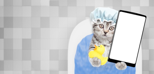 Cute kitten wearing shower cap takes the bath at home and shows big smartphone with white blank...