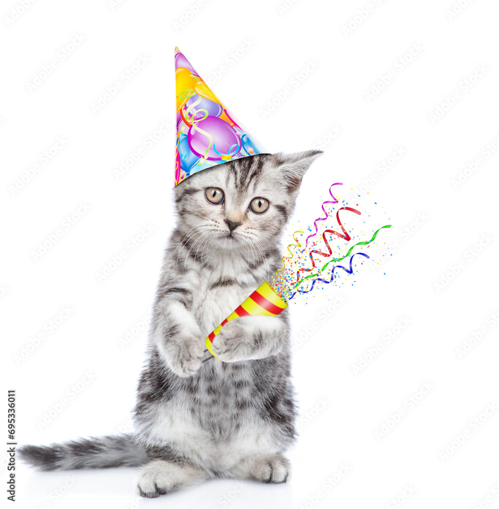 Poster Cute cat wearing party cap holds exploding firecracker. Isolated on blue background