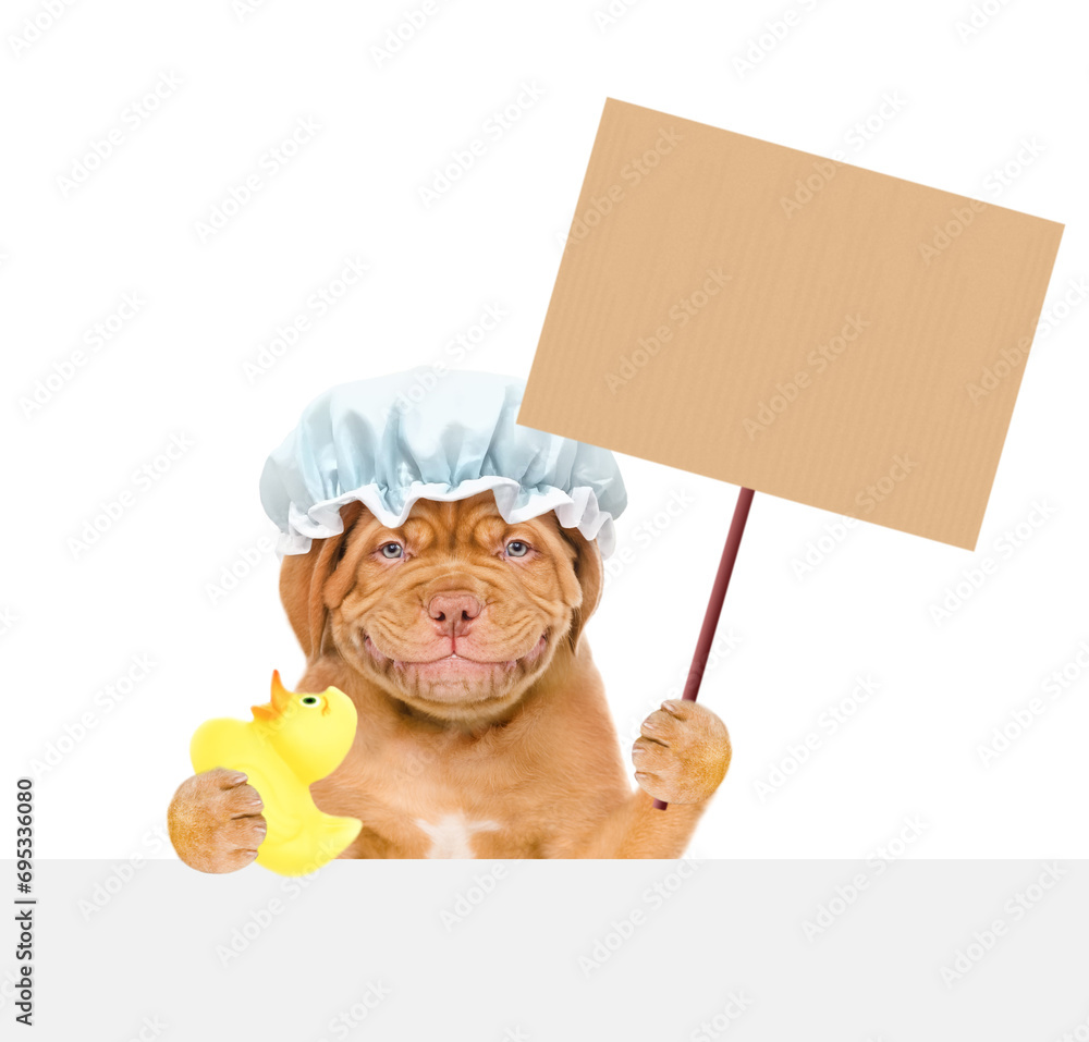Aufkleber happy mastiff puppy wearing shower cap holds empty placard and rubber duck above empty white banner.