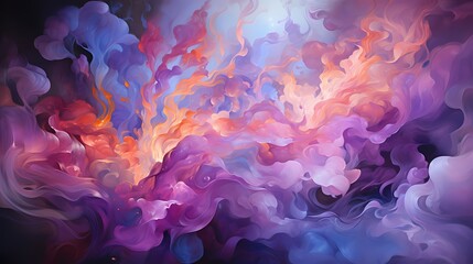 Close-up of ethereal liquid flames in a captivating blend of lavender and lilac colors, casting a gentle and enchanting glow in a surreal landscape - obrazy, fototapety, plakaty