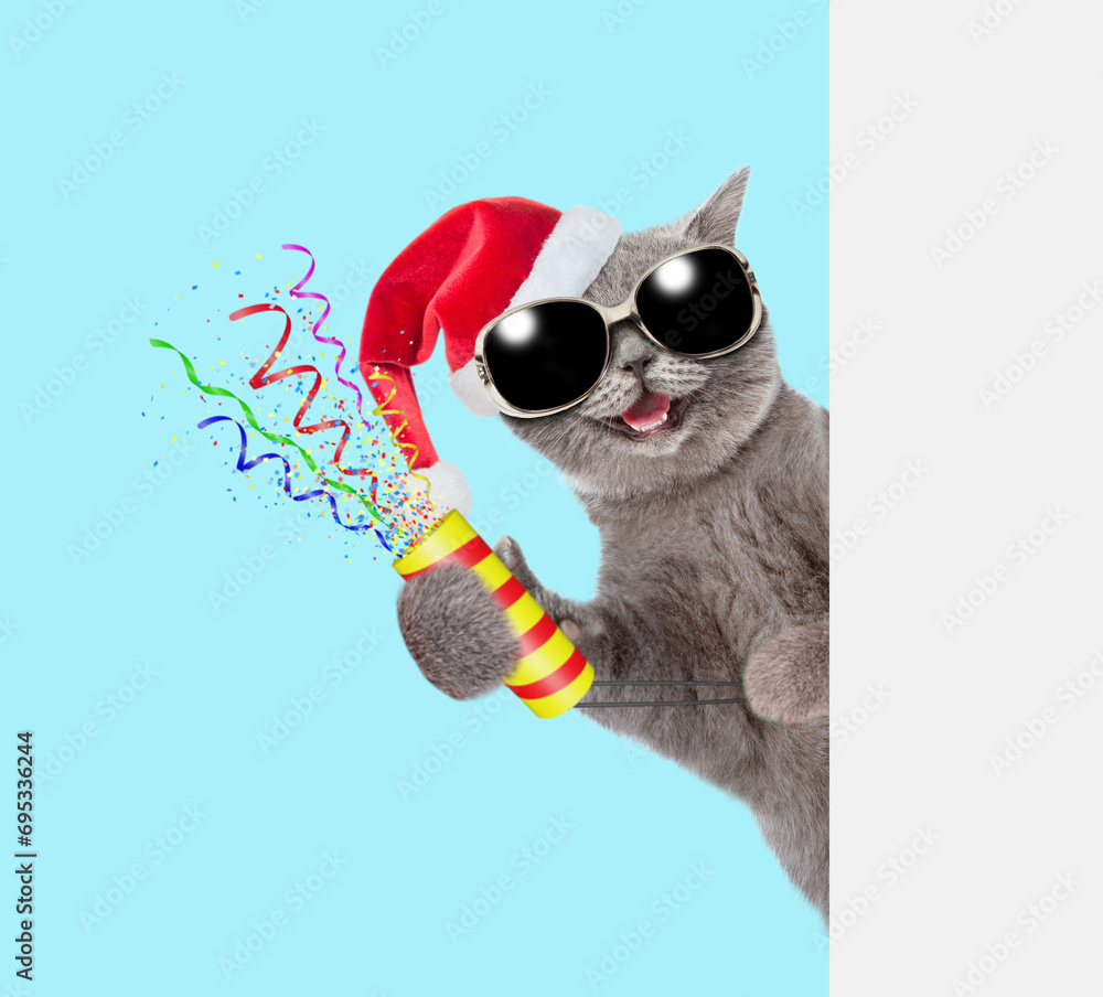 Poster Happy cat wearing sunglasses and red santa hat holds exploding firecracker and looks from behind empty white banner. Isolated on blue background