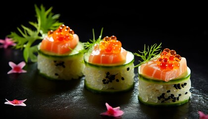 cucumber sushi snacks with salmon caviar