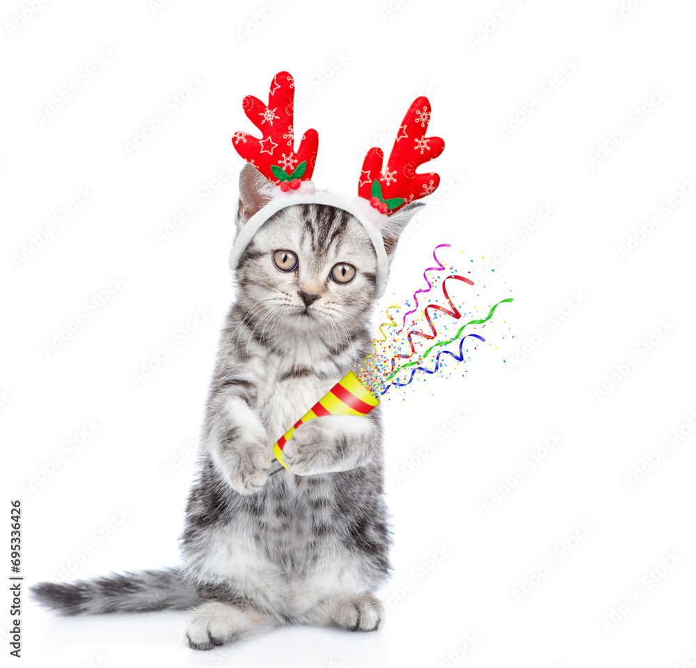 Aufkleber cute catdressed like santa claus reindeer rudolf holds exploding firecracker. isolated on white back