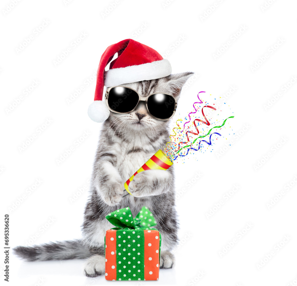 Poster cool kitten wearing red santa hat and sunglasses stands with gift box and holds exploding firecracke