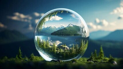 forest landscape and lake through clear crystal ball