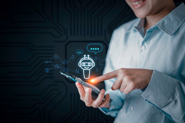 Woman using technology smart robot AI, Chatbot Chat with AI, Futuristic technology transformation,...