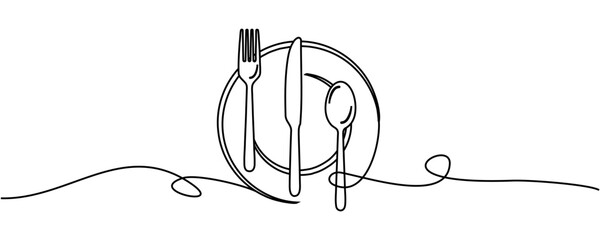 cutlery illustration with vector line art - obrazy, fototapety, plakaty