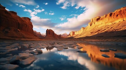 Fototapeta na wymiar golden hour in desert valley with stream