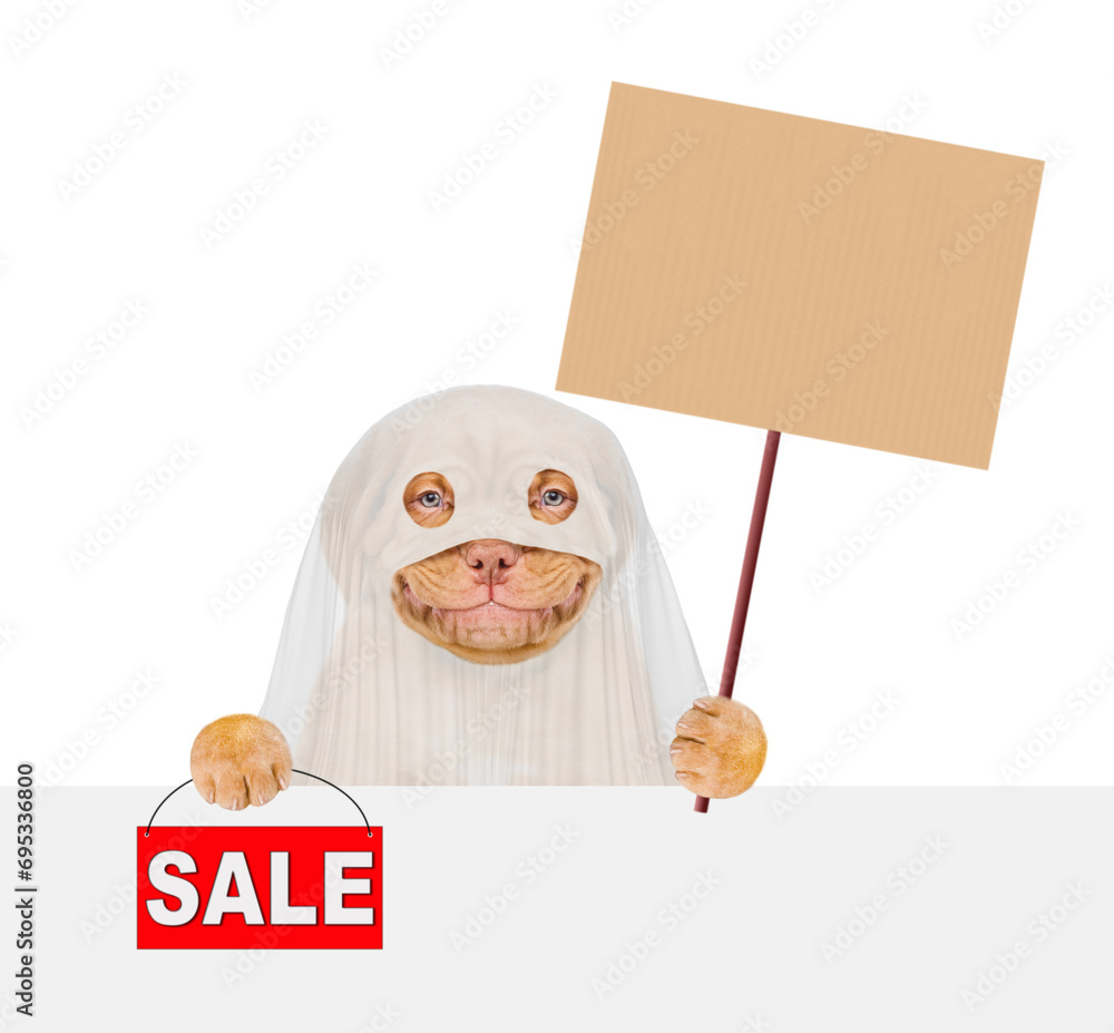 Poster smiling mastiff puppy dog celebrating halloween in ghost costume, showing signboard with labeled 
