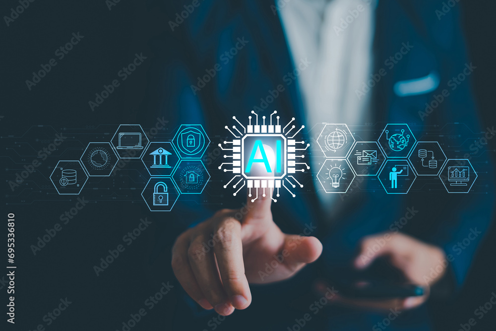 Aufkleber ai tech and artificial intelligence use analytics, connection information intelligence technology, a