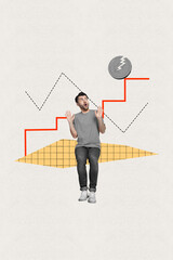 Vertical photo collage of young shocked guy look at statistics falling cracked coin isolated on...
