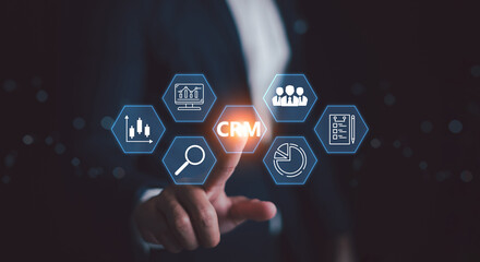 CRM. Customer Relationship Management, Businessman or client show global structure customer network...