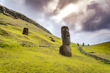 moais in the quarry of Rano Raraku, in Rapa Nui, Easter Island