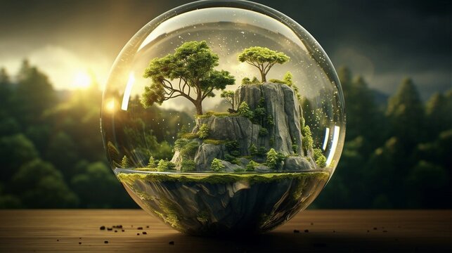 miniature trees and rock in snowglobe crystal ball on outdoor table