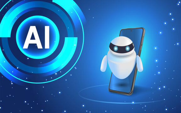 Cute neon cartoon robot. AI Content Generator. Chatbot technology, isometric. Technology and engineering. AI chat bot based on artificial intelligence and neural networks. Online training banner.