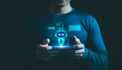 Businessman use smartphone chat Ai smart robot, Artificial intelligence digital technology, Chatbot chat of Customers acres information online internet network, Futuristic technology transformation.