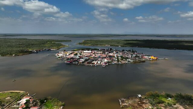 Drone shot rising around the Mexcaltitan Magic Town, in sunny Nayarit, Mexico