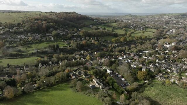 Steam Train Cotswolds England Stroud Suburbs Rural Countryside Aerial Landscape Autumn