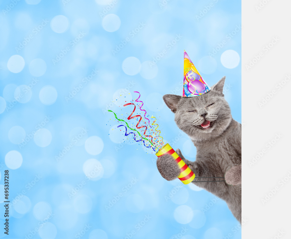 Aufkleber Happy cat wearing party cap holds exploding firecracker and looks from behind empty white banner. festive blured background