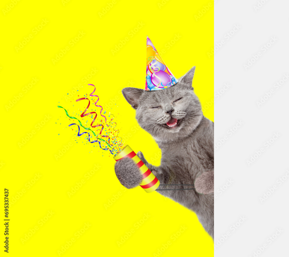 Aufkleber Happy cat wearing party cap holds exploding firecracker and looks from behind empty white banner. Isolated on yellow background