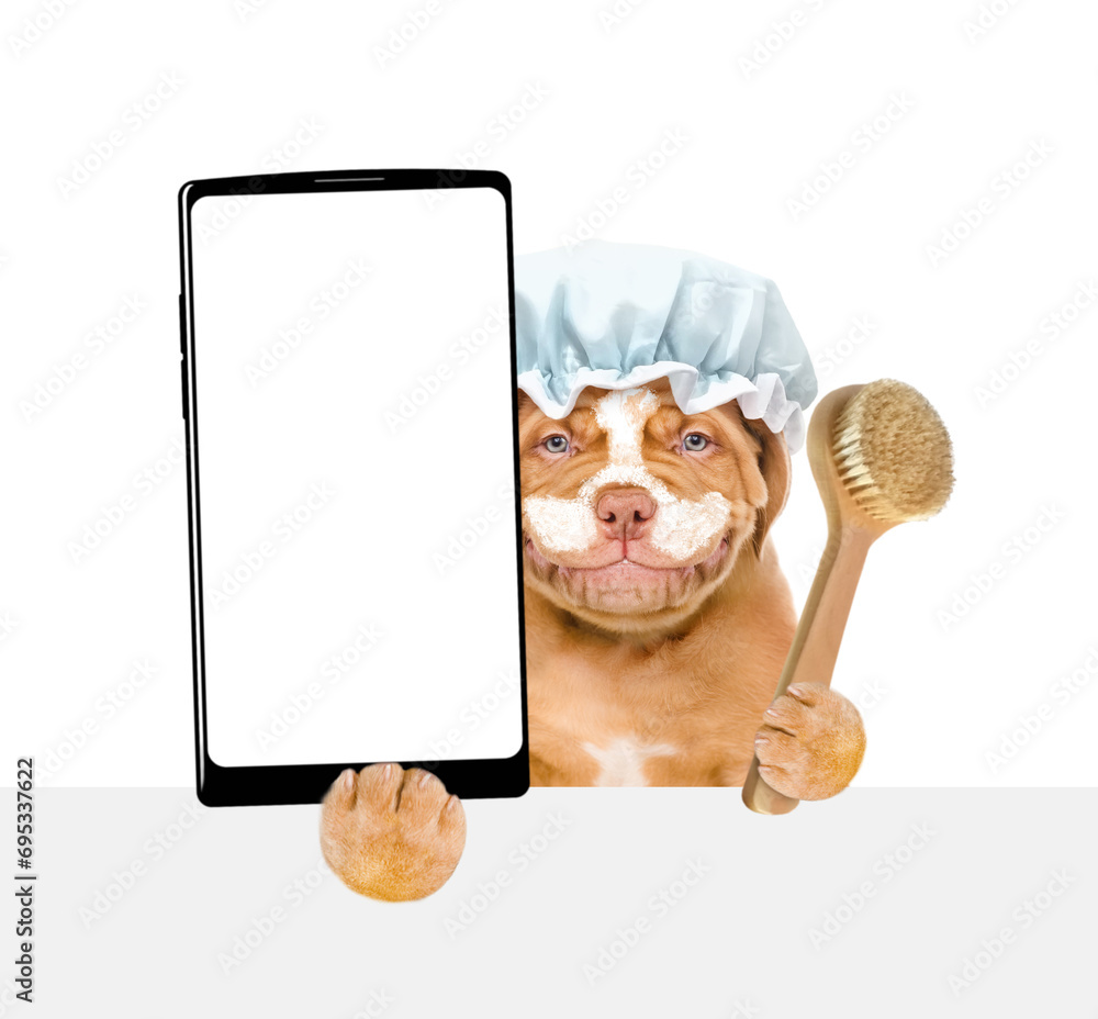Aufkleber mastiff puppy wearing shower cap with cream on it face holds shower brush and big smartphone with wh