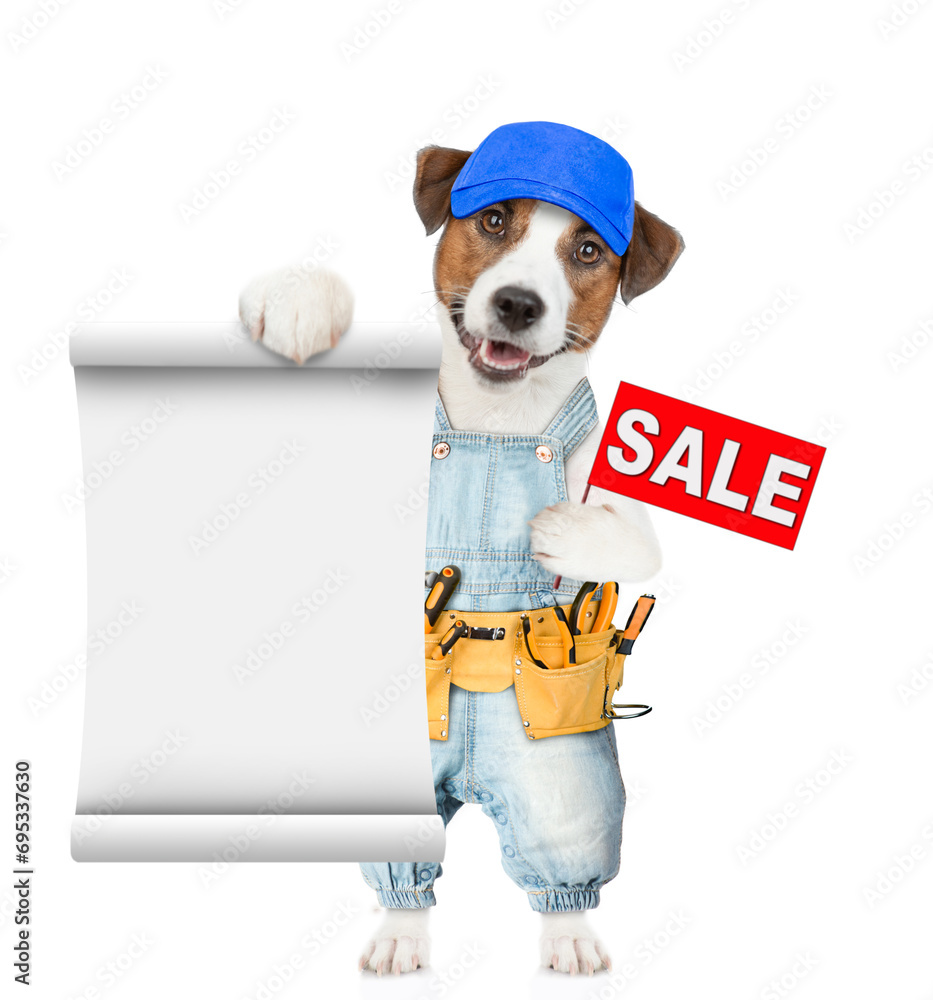 Poster Funny puppy wearing blue cap and denim overalls with tool belt shows empty list and signboard with labeled 