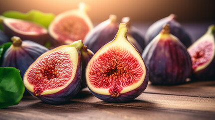 Fig fruit close up. Ripe fig fruits with leaf close-up. Beautiful sweet fresh organic. generative ai