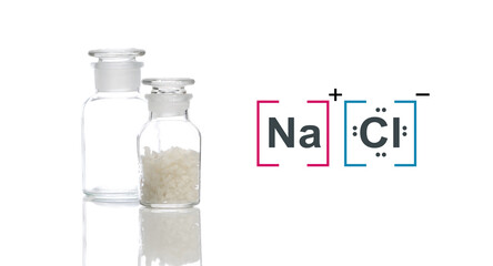 Flake salt in Chemical Reagent Bottle Glass with molecular structure.