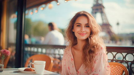 A woman in Paris in a cafe with the Eiffel Tower in the background. Selective focus.