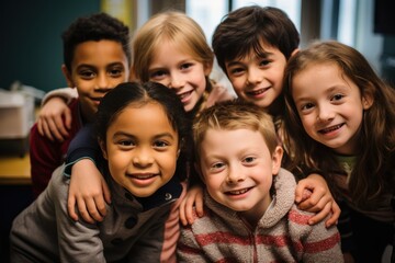 Students with special needs embrace each other in a classroom at school.