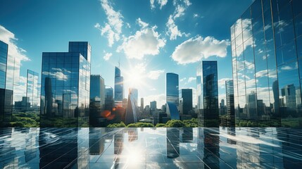 Skyscraper glass facades on a bright sunny day with sunbeams in the blue sky. - obrazy, fototapety, plakaty