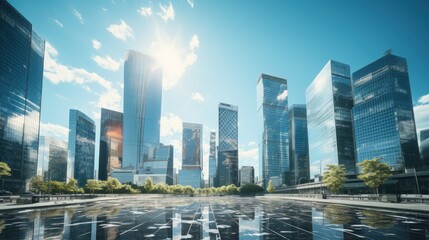 Fototapeta na wymiar Skyscraper glass facades on a bright sunny day with sunbeams in the blue sky.