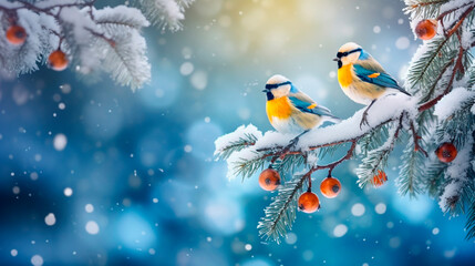 Birds on snowy branches in the forest. Selective focus.