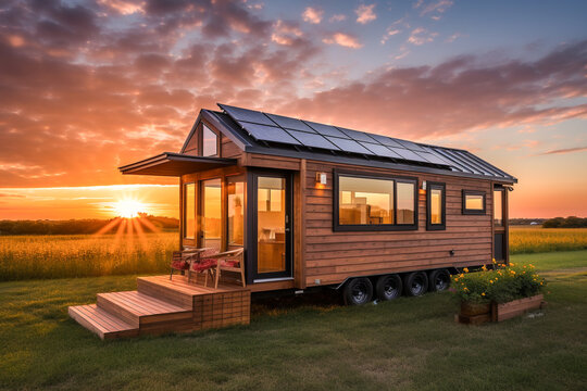 Beautiful house with solar panels on the roof under a bright sky. Sustainable and clean energy at a new eco friendly home.