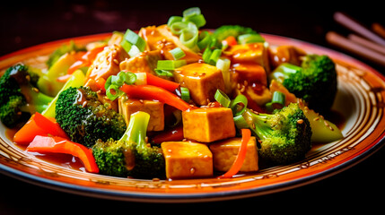 Fried tofu cheese with broccoli and vegetables. Selective focus. - obrazy, fototapety, plakaty