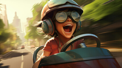 a child drives down the street in a soapbox at full throttle, laughing and screaming