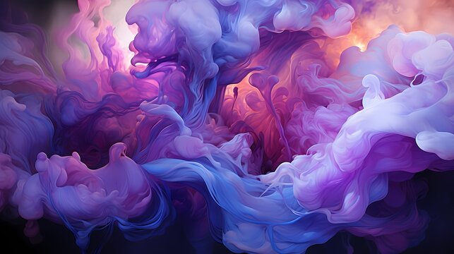 Close-up of ethereal liquid flames in a mesmerizing fusion of amethyst and lavender colors, casting an enchanting glow in a surreal landscape