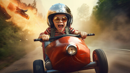 a child drives down the street in a soapbox at full throttle, laughing and screaming
