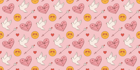 Valentines Day seamless pattern. Vector cartoon background with pigeon and arrows