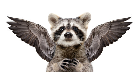 Portrait of a inspired raccoon with wings behind its back isolated on a white background